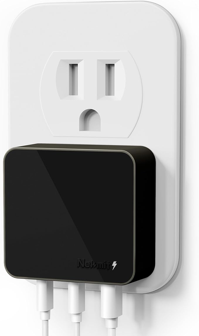 Nekmit 100W Flat USB C Charger Block, 3-Port GaN Fast Wall Charger(2*USB-C & 1*USB-A), USB C Wall Plug with Fixed Prongs for iPhone 17/16, MacBook Pro/Air, iPad, Galaxy and More