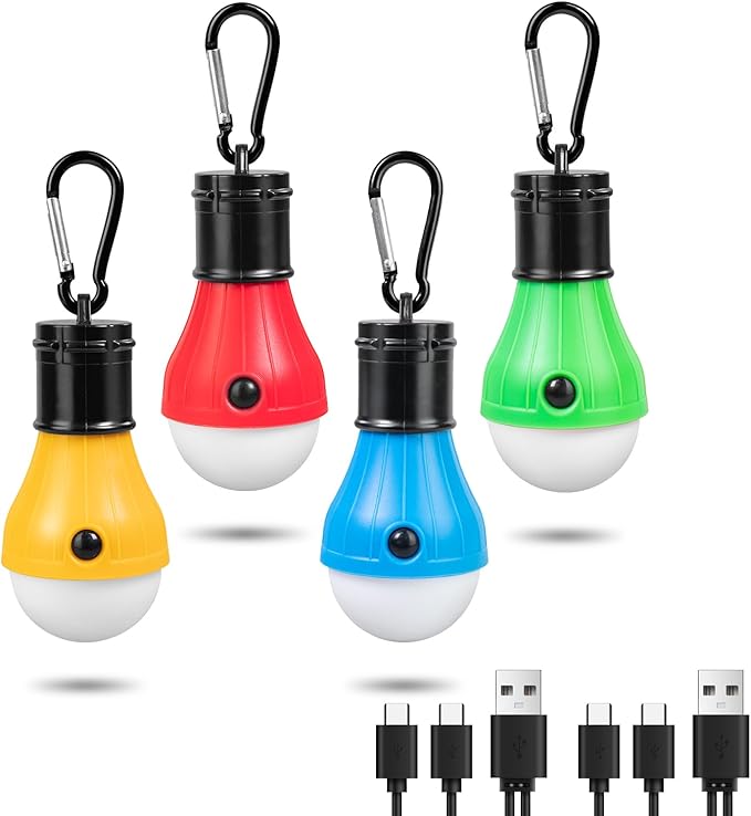 Jarxin Led Camping Lantern USB Rechargeable,Outdoor Tent Lights for Camping Hanging,Kids with Clip Hook Camping Flashlight (4 Packs Colored)