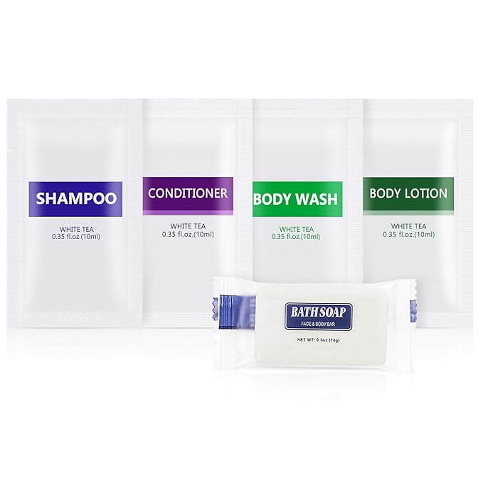 5IN1 Toiletries Bulk Travel Size Set(100 Pcs) 5-Piece Set: 20pcs Travel Size Body Wash, 20pcs Hotel Shampoo, 20pcs Mini Conditioner, 20pcs Body Lotion, 20psc Bar Soap, Bulk Mini Guest Amenities Supply