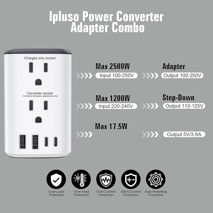 Voltage Converter Us to Europe, Power Converter Combo, 220v to 110v European Plug Converter 2300w Travel Adapter Worldwide, Step Down European, Travel Adapter Worldwide