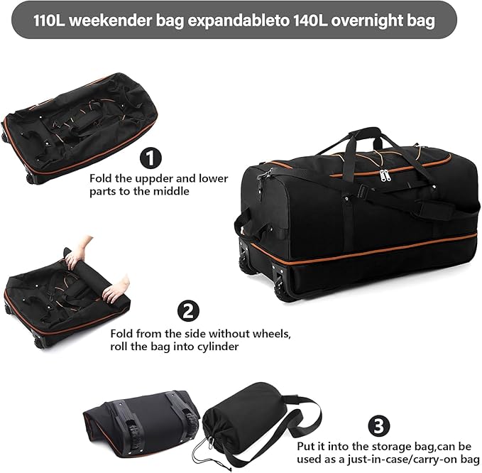 Rolling Duffle Bag with Wheels,110L/140L Expandable Soft-Sided Foldable Duffle Bag with 2 Rubber Wheels,Packable 32” Rolling Carry-On with Multi-Pockets & Compartments (Black orange)
