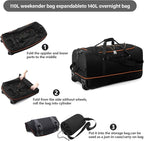 Rolling Duffle Bag with Wheels,110L/140L Expandable Soft-Sided Foldable Duffle Bag with 2 Rubber Wheels,Packable 32” Rolling Carry-On with Multi-Pockets & Compartments (Black orange)