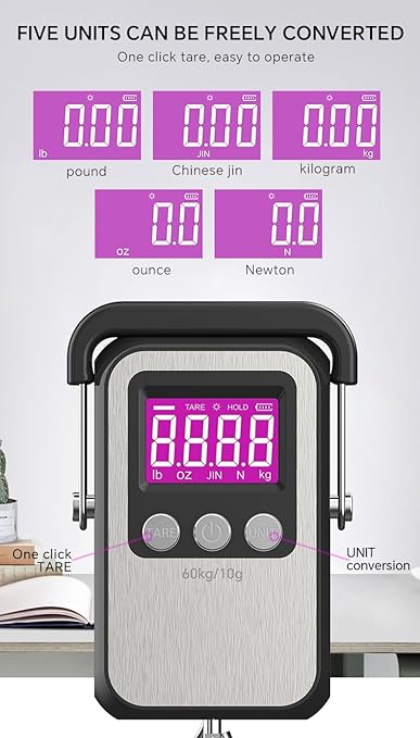 Luggage Scales 132lb Portable Digital Hanging 60kg Fishing Scale, 2 AAA Batteries (Not Included)