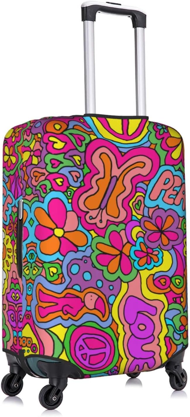 Travel Luggage Cover Suitcase Protector, Peace Sign Psychedelics Trippy Washable Elastic Stretchy Anti-scratch Travel Luggage Sleeve with Concealed Zipper for Wheeled Suitcase Fits 18-21 Inch Luggage