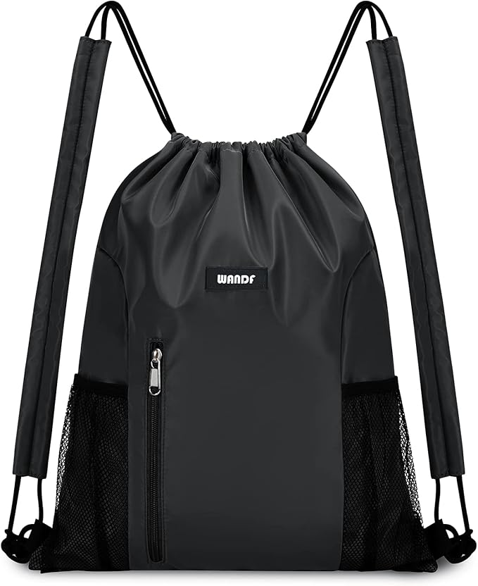 WANDF Drawstring Backpack with Shoulder Pad Sports Gym Backpack with Mesh Pocket String Bag for Women Men(Black)