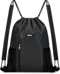 WANDF Drawstring Backpack with Shoulder Pad Sports Gym Backpack with Mesh Pocket String Bag for Women Men(Black)
