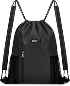 WANDF Drawstring Backpack with Shoulder Pad Sports Gym Backpack with Mesh Pocket String Bag for Women Men(Black)