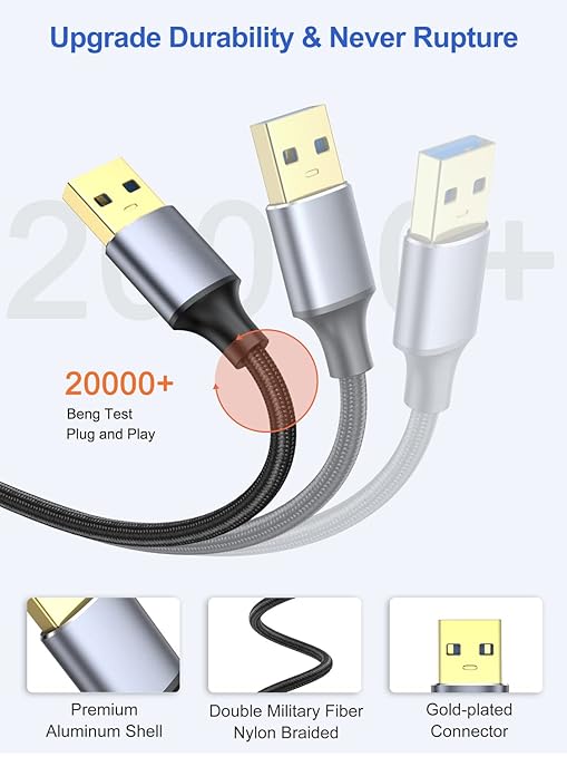 USB 3.0 Cable 1FT 2-Pack, Short USB A Male to Male Cord Double Sided Cable Compatible with Hard Drive, Laptop Cooler, DVD Player and More