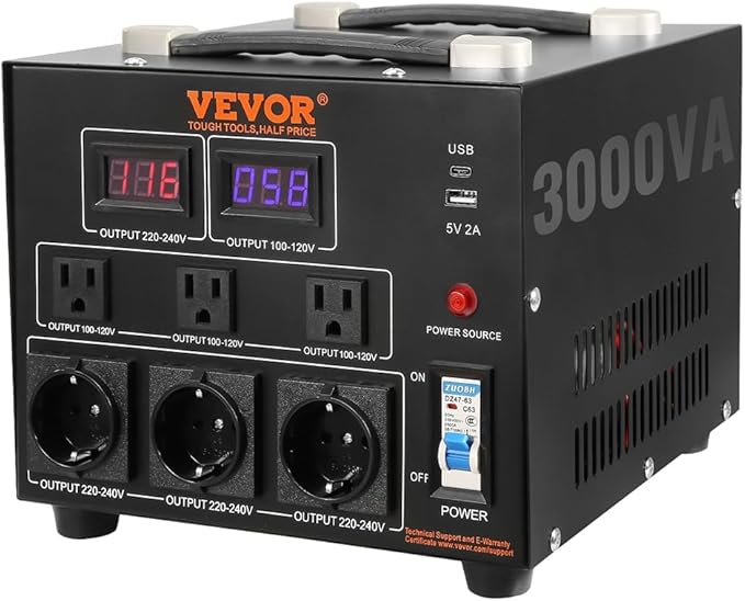 VEVOR Voltage Converter Transformer, 3000W, Heavy Duty Step Up/Down Transformer, Convert from 110 Volt to 220 Volt and from 220 Volt to 110 Volt, with US Outlet EU Outlet 5V USB Port, CE Certified
