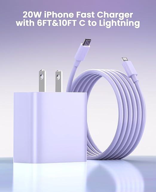 FEEL2NICE iPhone Charger Fast Charging 2 Pack Type C Wall Charger Block with 2 Pack [6FT&10FT] Long USB C to Lightning Cable for iPhone 14/13/12/12 Pro Max/11/Xs Max/XR/X,AirPods Pro,Purple