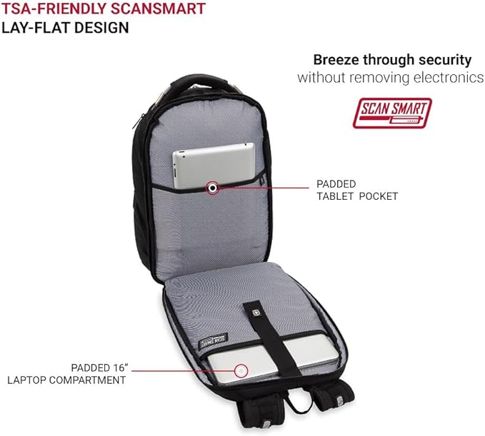 SwissGear 2762 ScanSmart Laptop Backpack, Fits Most 16 Inch Laptops, TSA Friendly, Work, School, Men's and Women's, Black