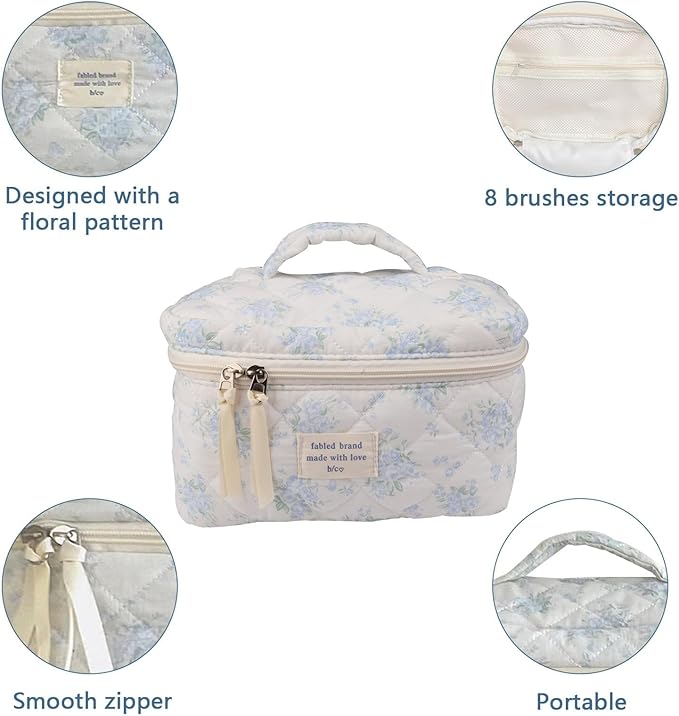 Gosect Large Travel Quilted Makeup Bag for Women,Big Floral Cotton Cosmetic Bag, Cute Coquette Aesthetic Floral Toiletry Organizer Bag (Blue Rose)