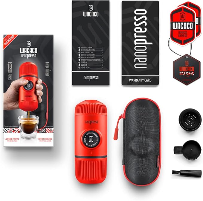 WACACO Nanopresso Portable Espresso Maker Bundled with Protective Case, Upgrade Version of Minipresso, Mini Travel Coffee Machine, Perfect for Camping, Travel and Office (New Elements Lava Red)