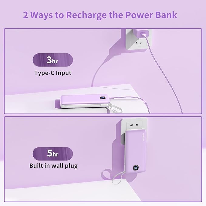 penaover Portable Charger with Built-in Cables&AC Wall Plug,Slim 10000mAh 22.5W Fast Charging Power Bank,5 Output 2 Input USB-C External Battery Pack Compatible with iPhones,Samsung,Android, etc