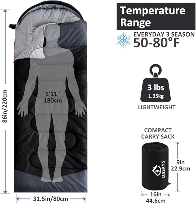 oaskys Camping Sleeping Bag - 3 Season Warm & Cool Weather - Summer Spring Fall Lightweight Waterproof for Adults Kids - Camping Gear Equipment, Traveling, and Outdoors
