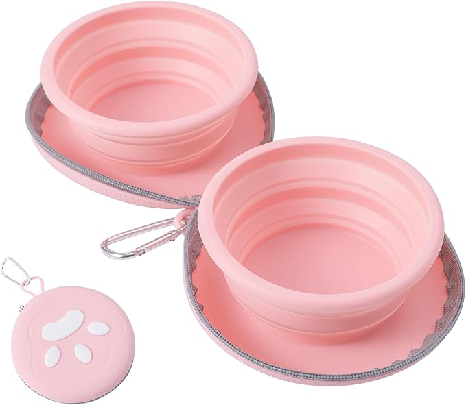 Dog Bowl for Travel, Collapsible Silicone Dog Dual Bowls with Dustproof Zip Case and Pet Paw Pattern 180 Degrees Flip Over Compact Foldable Feeder for Camping Hiking Trips