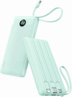 VRURC Portable Phone Charger for iPhone, 10000mAh Power Bank Built in Cables & Lanyard, Slim USB C Battery Bank 5 Outputs for Multi Devices,Travel Essential for College Students Teen Boys Girls-Green
