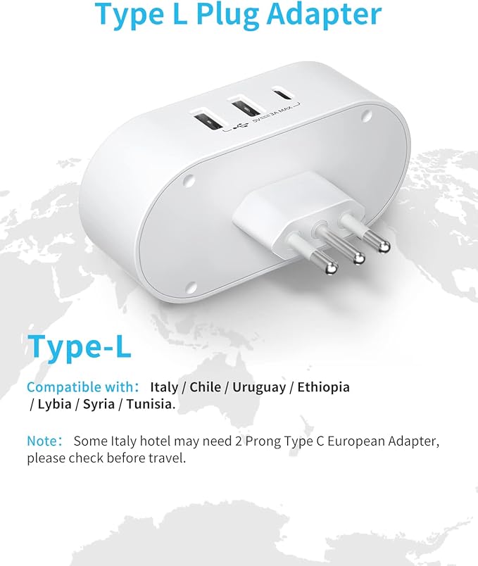 2 Pack Italy Travel Plug Adapter, VINTAR US to Italy Power Adapter with 1 USB C 2 USB A Ports and 2 American Outlets, 5 in 1 Outlet Adapter, Type L Plug Adapter for USA to Italy Uruguay Chile