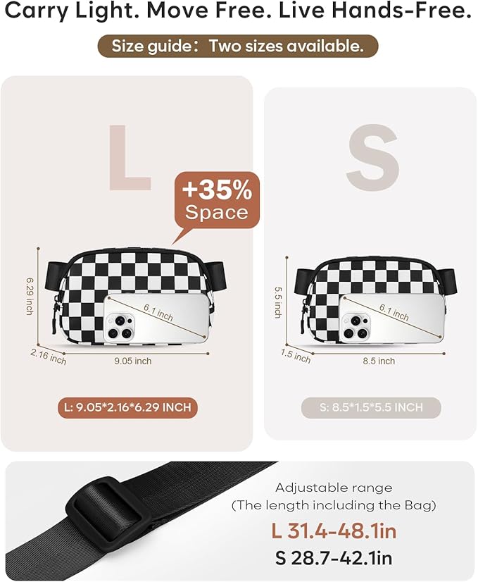 Pritent Fanny Packs for Women Cross Body Bag Waterproof Belt Bag with Adjustable Strap and Zipper Back Pocket Small Crossbody Bags Fashion Waist Packs for Workout Travelling(Checkered Black, Large)