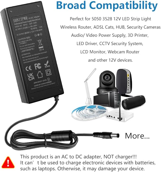 SHNITPWR 12V 5A 60W Power Supply Adapter AC DC Converter 100V~240V to 12 Volt 5 Amp Transformer 5.5x2.5mm Plug for 5050 3528 LED Strip Light 3D Printer LED Driver CCTV Security System LCD Monitor