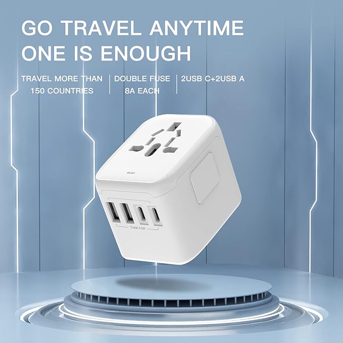 VYLEE Universal International Power Travel Plug Adapter, 5 in 1 European Travel Plug Adapter W/ 3.5A 2xUSB-A and 2xUSB C Wall Charger and Worldwide AC Outlet for Europe USA UK AUS Asia(White)