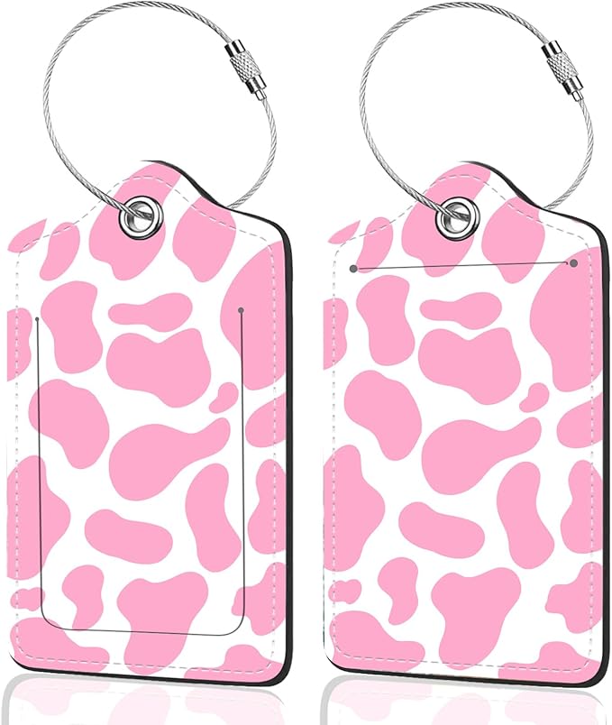 2Pack Luggage Tags for Suitcases, Cute Unique Pu Leather Cruise Luggage Tag with Privacy Cover ID Label Address Card and Metal Ring Suitable for Women Men Kids Travel Bag Pink Milk Pattern