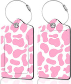 2Pack Luggage Tags for Suitcases, Cute Unique Pu Leather Cruise Luggage Tag with Privacy Cover ID Label Address Card and Metal Ring Suitable for Women Men Kids Travel Bag Pink Milk Pattern