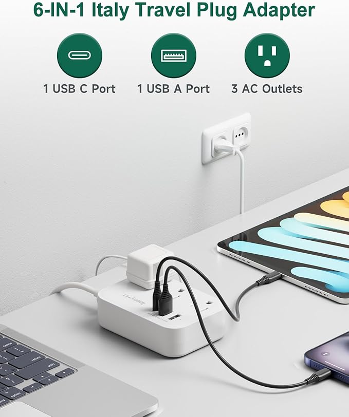 Italy Travel Plug Adapter, Type L Adapter for Travel with 3 Outlets 3 USB Ports (1 USB-C 3.4A), 3ft Wrapped Around Extension Cord, Power Adaptor for US to Italy Chile Rome Uruguay Milan Libya