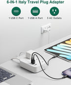 Italy Travel Plug Adapter, Type L Adapter for Travel with 3 Outlets 3 USB Ports (1 USB-C 3.4A), 3ft Wrapped Around Extension Cord, Power Adaptor for US to Italy Chile Rome Uruguay Milan Libya