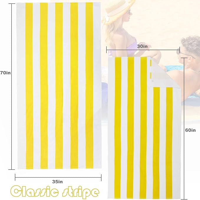 Exclusivo Mezcla 2 Pack Cotton Oversized 35x70 Inches Cabana Stripe Beach Towels, Super Absorbent Soft Plush Pool Bath Towel (Yellow)
