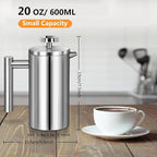 French Press Coffee Maker, 600ml/20oz Silver Stainless Steel Coffee Press, Double-Wall Insulated, Food Grade & Rust-Free, Included 2 Extra Filters, Dishwasher Safe