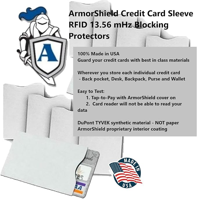 RFID Blocking Sleeves Credit Card Protector 100% MADE IN USA - Anti-theft for Travel wallet, purse. ArmorShield Your Identity (5PAK)