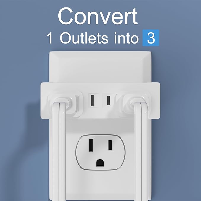 2 Prong Power Strip 3-Outlet Extender, 2-Prong to 2-Prong Triple Outlet Converter, Multi Plug Outlet Adapter, Wall Tap, Travel Essentials, Polarized, ETL Listed, for Home, Office, School