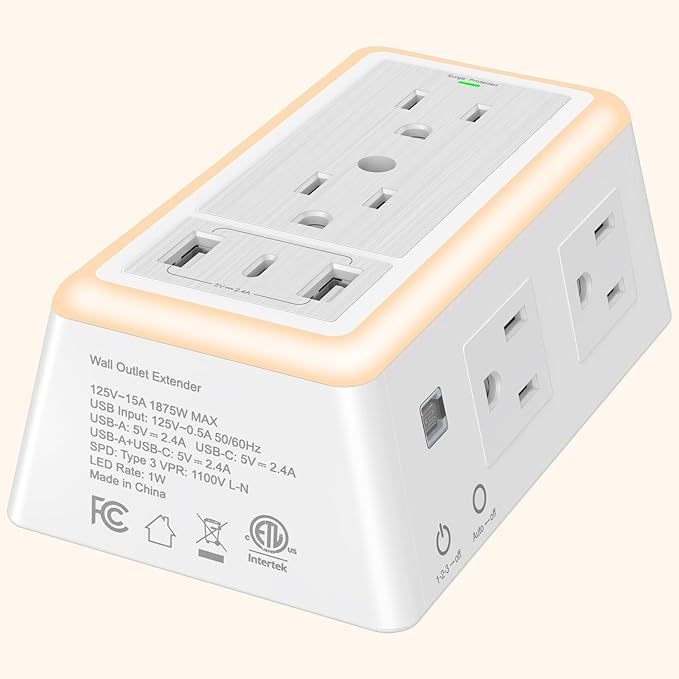 Wall Outlet Extender with USB Charging Ports 9 in 1 Plug Extension Block Multiple AC Outlets Splitter Power Hub Wall Tap 1500J Surge Protection Night Light Dusk to Dawn Sensor Switch ETL Listed
