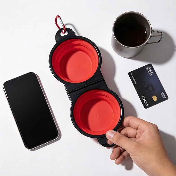 Collapsible Dog Bowls with Carabiner, Double Portable Travel Pet Bowls for Food and Water, Foldable Silicone Dog Bowl for Walking, Hiking, Camping, Small Medium Dogs and Cats,Red