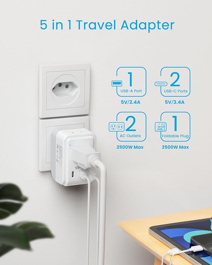 1 Pack Brazil Power Adapter, VINTAR Foldable Type N Plug Adapter with 2 AC Outlets 3 USB Ports (2 USB C), Brazil Outlet Plug for US to Brazilian