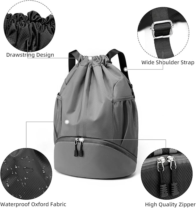 Valleycomfy Sports Drawstring Backpack - Water Resistant String Bag with Shoe Compartment Gym Backpack for Women & Men Dark Grey