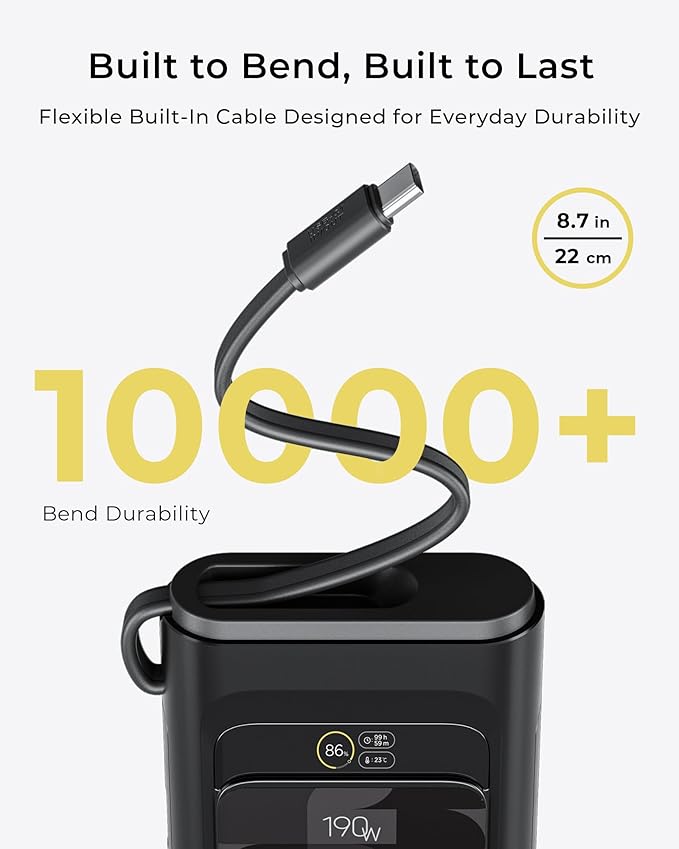 2026 FIFA Licensed 190W 20000mAh Power Bank for Laptop Portable Charger,3-Port USB-C Fast Charging Battery Pack with Built-in Retractable Cables for MacBook,Cell Phones,iPhone,Android,Samsung,Black