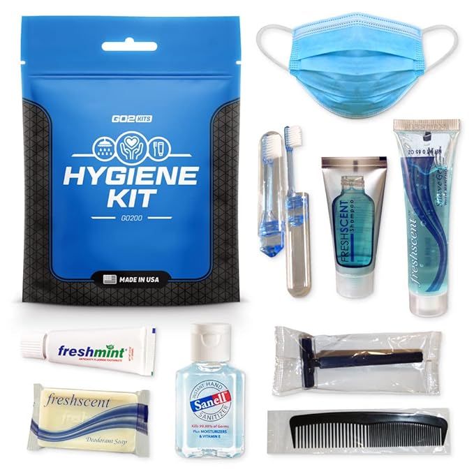 Ultimate Travel Toiletry & PPE Kits, Hygiene Kit with Shaving Supplies & PPE for Travel, Business & Charity with Reusable Toothbrush, Bath Soap & Other Essential Toiletries, 1-Pack (GO200)