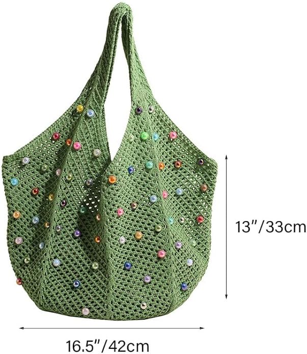Boho Crochet Beach Tote Shoulder Bag with Colored Beads | Colorful Aesthetic Hippie Knit Bag for Women