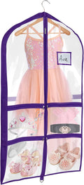 Univivi Clear PVC Dance Costume Bags Garment Bag 40 Inch for Dance Competitions, with 4 Medium Clear Zipper Pockets and 1 Large Back Zippered Pocket (1 Pack, Clear Purple)