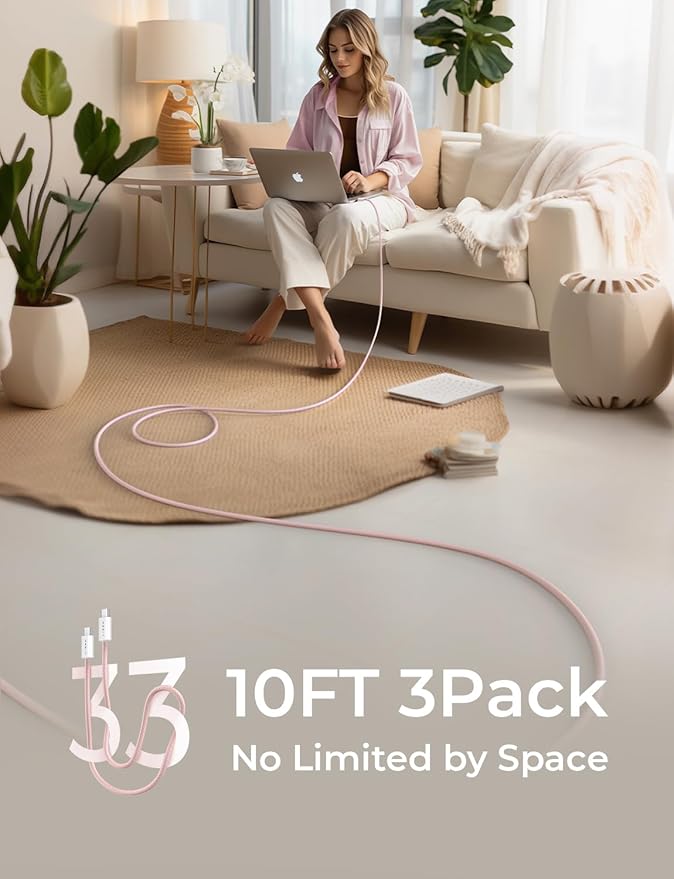 LISEN USB C Cable, 3-Pack [10/10/10FT] USBC to USBC Cable for iPhone 16e 15 Pro Max Charger Cord, 60W (3.1A) C to C Cable Fast Charging for Samsung S25/S24/23, Switch 2, iPad, MacBook