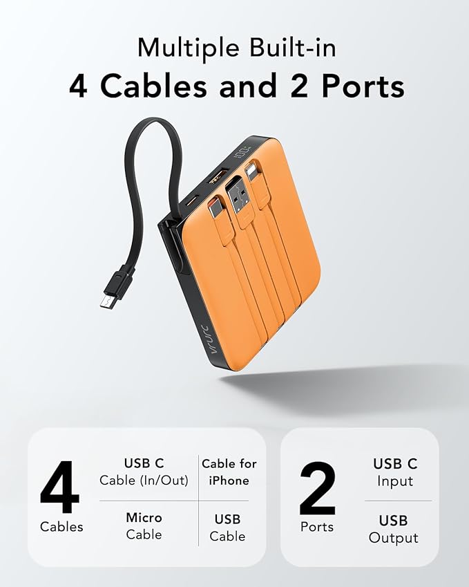 VRURC Portable Charger USB C for iPhone, Cargador Portátil para iPhone 10000mAh, Power Bank with Built-in Cables, 22.5W Fast Charging, LED Display, Slim for iPhone 17 Pro Max & Series (Orange)