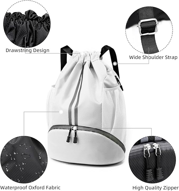 Valleycomfy Sports Drawstring Backpack - Water Resistant String Bag with Shoe Compartment Gym Backpack for Women & Men White