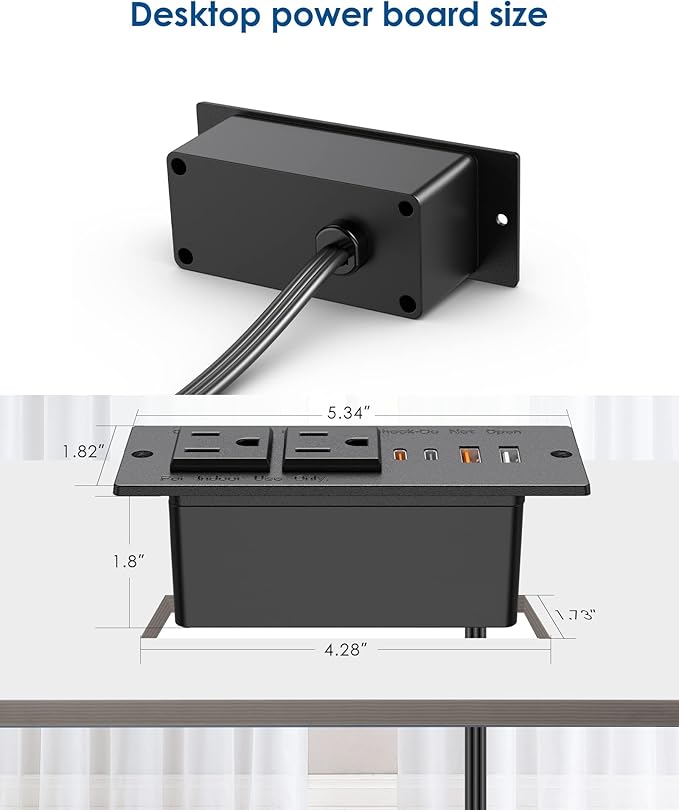 30W USB C Recessed Power Strip,Flat Plug Power Strip,2 Outlets 4 USB Ports,Furniture Flush Mount Desk Outlet,Recessed Outlet for Side Table/Sofa Table,10ft Cord(Black)