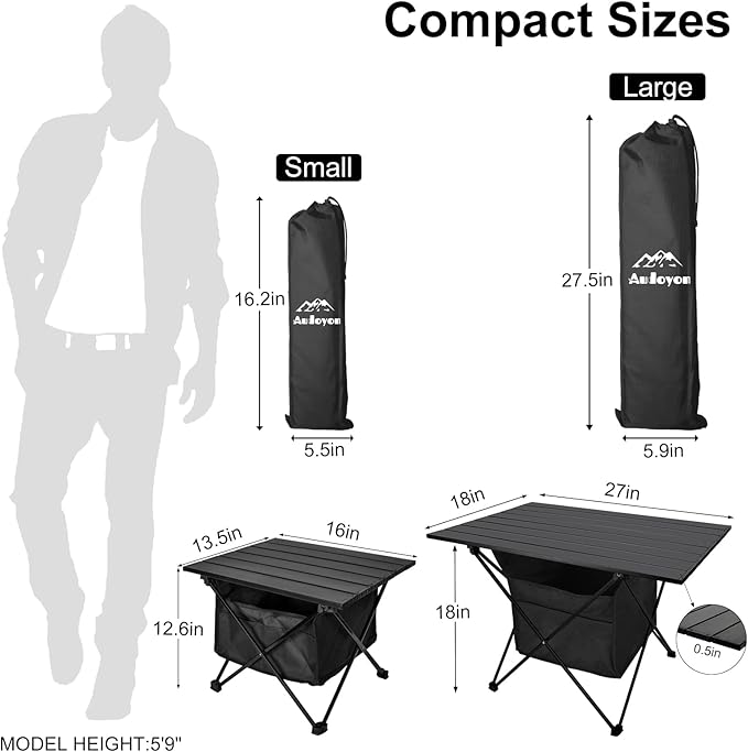 Foldable Camping Side Table, Ultralight Small Beach Table Aluminum, Portable Outdoor Table with Carry Bag and Storage for Picnic, Grill, Hiking, Fishing, Sand, Camping Essentials(L)