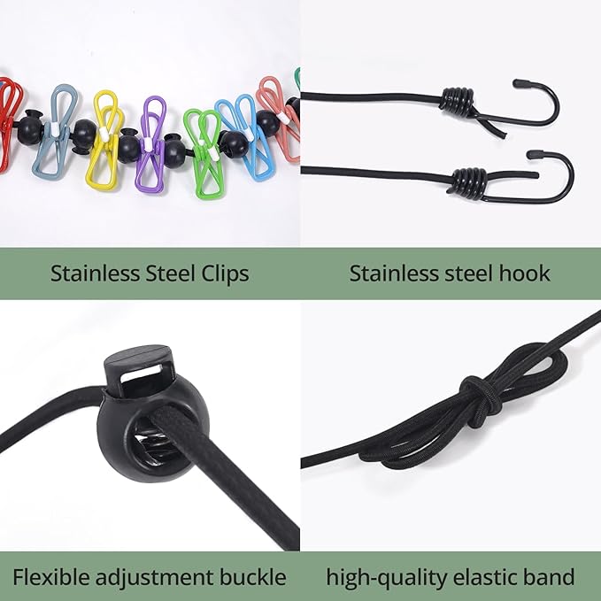 Travel Clothesline, Portable Retractable Clothes Line Outdoors, Camping Clothesline for Cruise Ship Cabin Essentials, RV Accessories, Indoor Laundry Drying with 12 Clips 13 Beads, 4.9-12ft