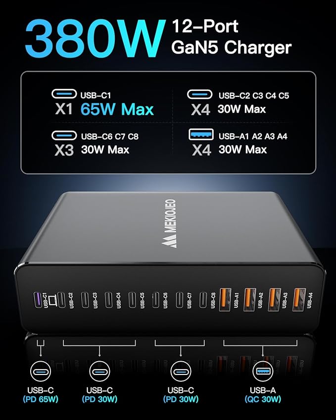 12 Ports Aluminum Alloy 380W Charging Station Fast USB C Charger Block 65W Laptop GaN Charger for MacBook Pro/Air/iPad Pro/iPhone (Gray)