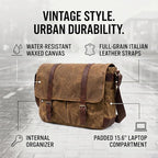 Vintage Genuine Leather Waxed Canvas Briefcase Large Satchel Shoulder Bag Rugged Computer 15.6" Laptop Bag