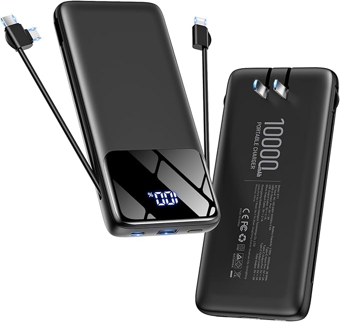 Portable Charger Power Bank with Built-in Cables and Wall Plug, 10000mAh Slim USB-C Battery Pack, 15W Fast Charging Travel Essential Portable Phone Charger Compatible with iPhone, Samsung (Black)